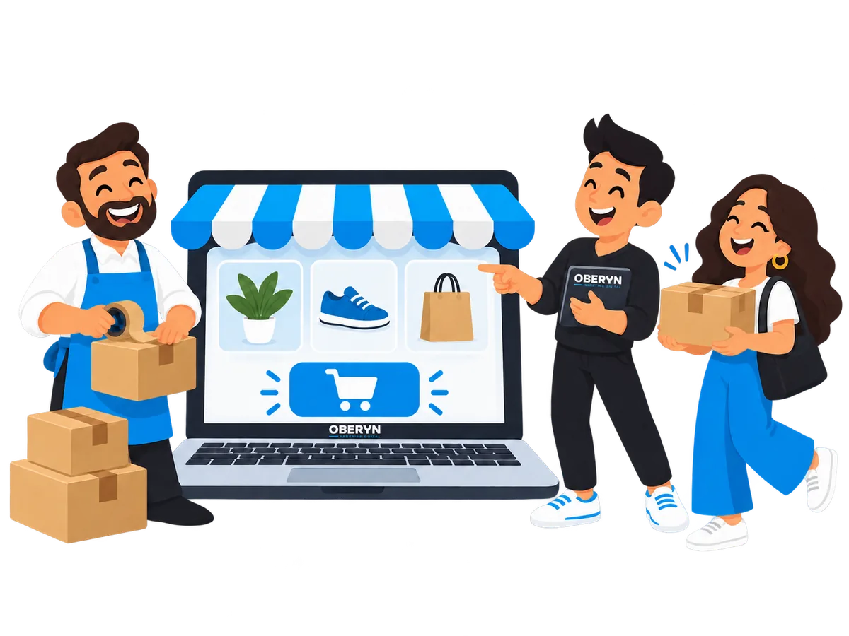 Caricatura de una tienda online, su dueño preparando pedidos y un equipo que ayuda a vender.