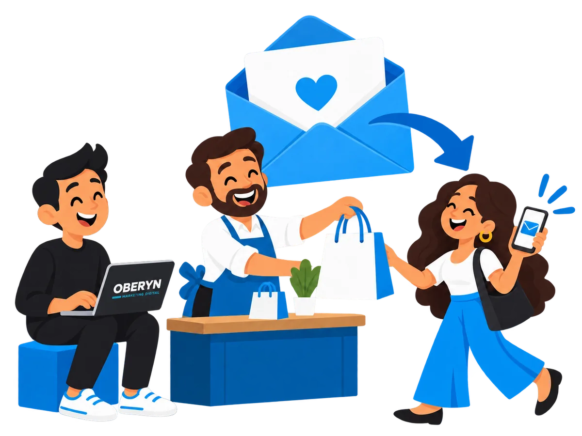 Caricatura de un email que conecta una tienda con un cliente que vuelve a comprar.