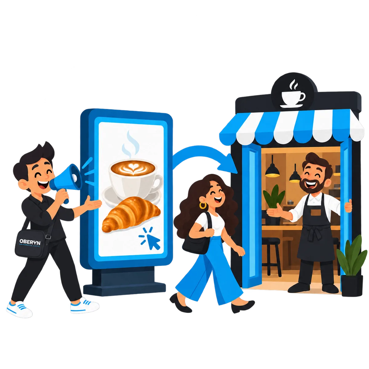 Caricatura de un anuncio y un creativo que atraen clientes hacia un negocio local.