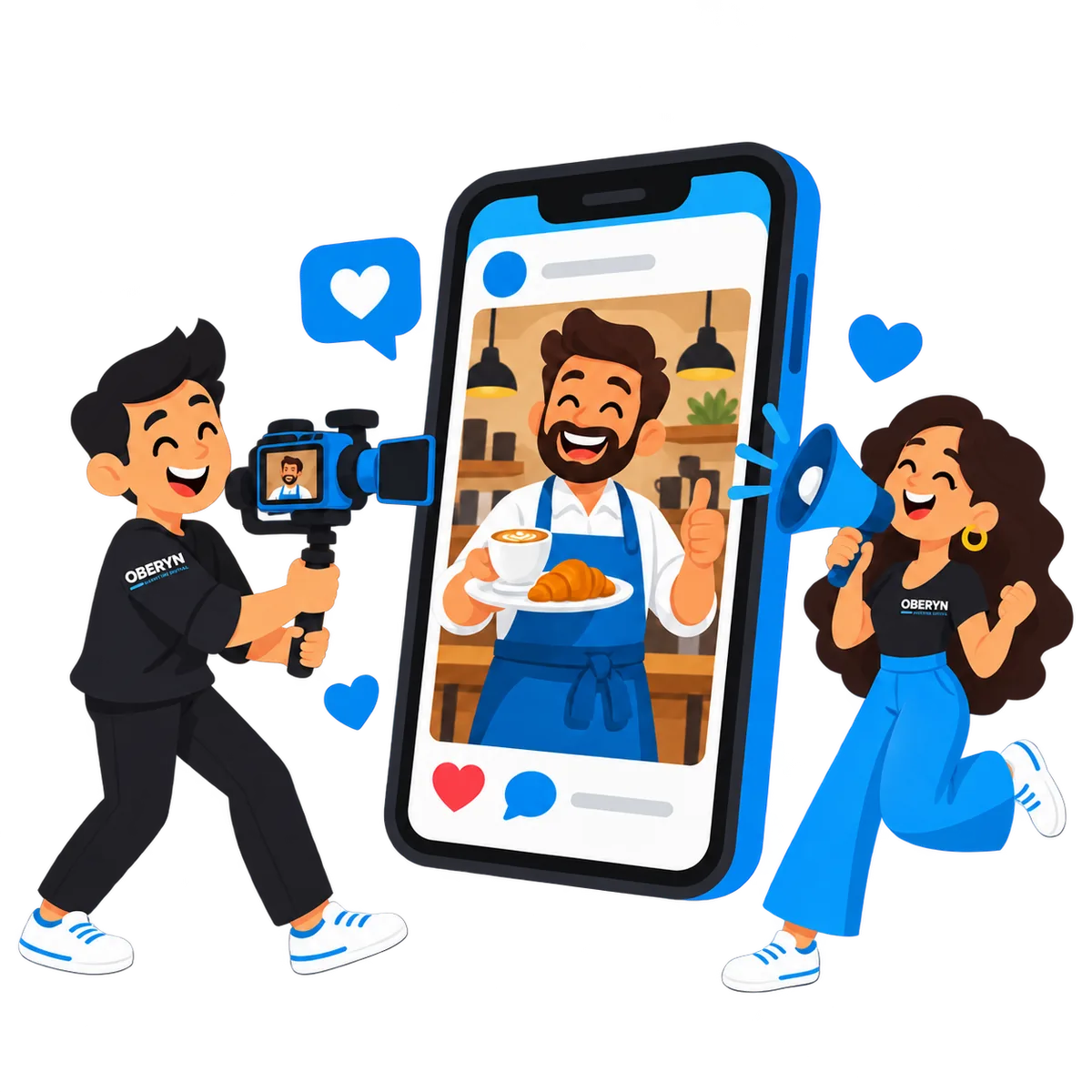 Caricatura de un equipo creativo grabando a un negocio y compartiendo su contenido en redes sociales.