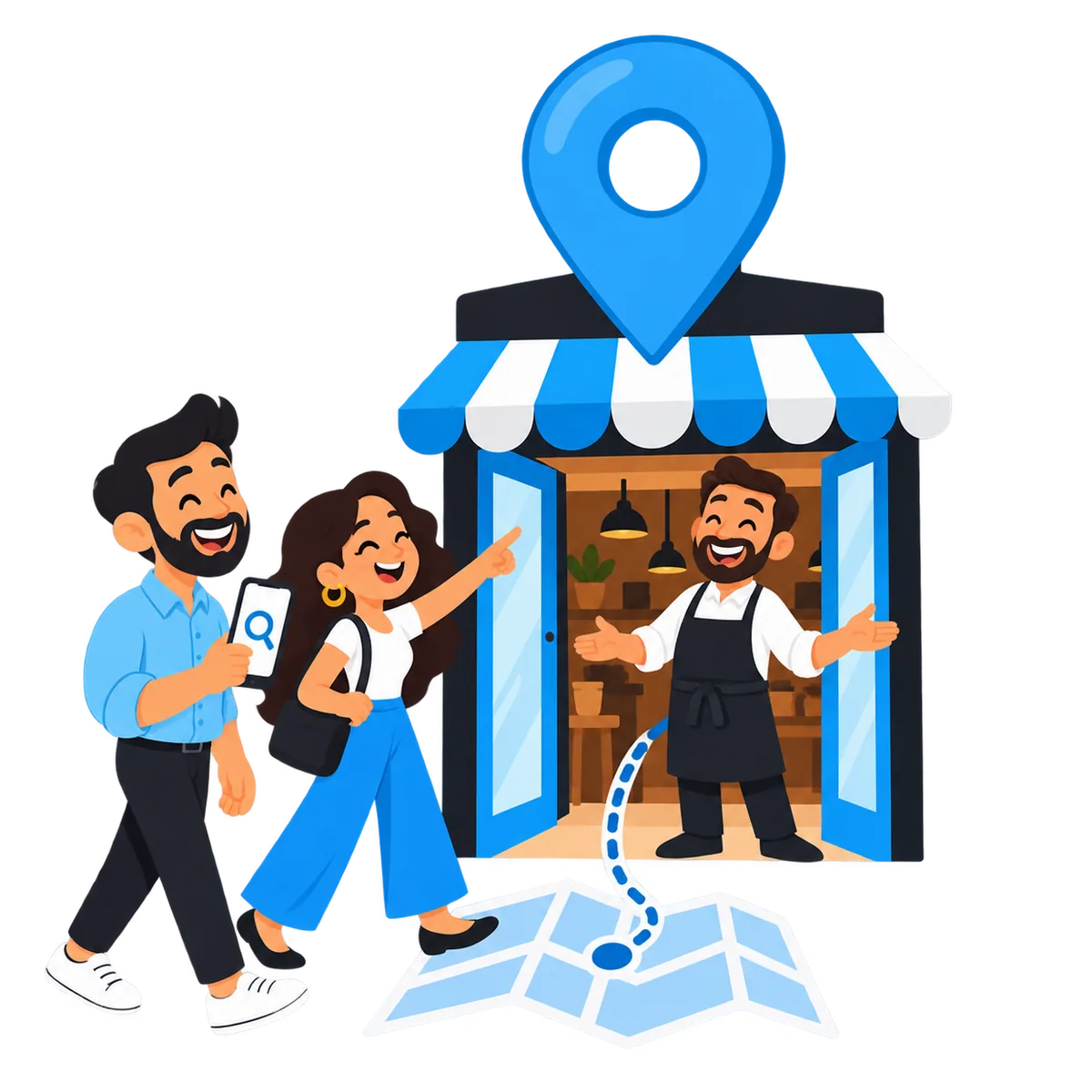Caricatura de clientes que encuentran una tienda local gracias al mapa y a una búsqueda.